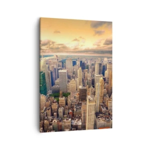 Quadro su tela - Stampe su Tela - Panorama della città con vista sui grattacieli al tramonto - 50x70cm - Metropolis dorata - Decorazione murale moderna per soggiorno e camera da letto ARTTOR