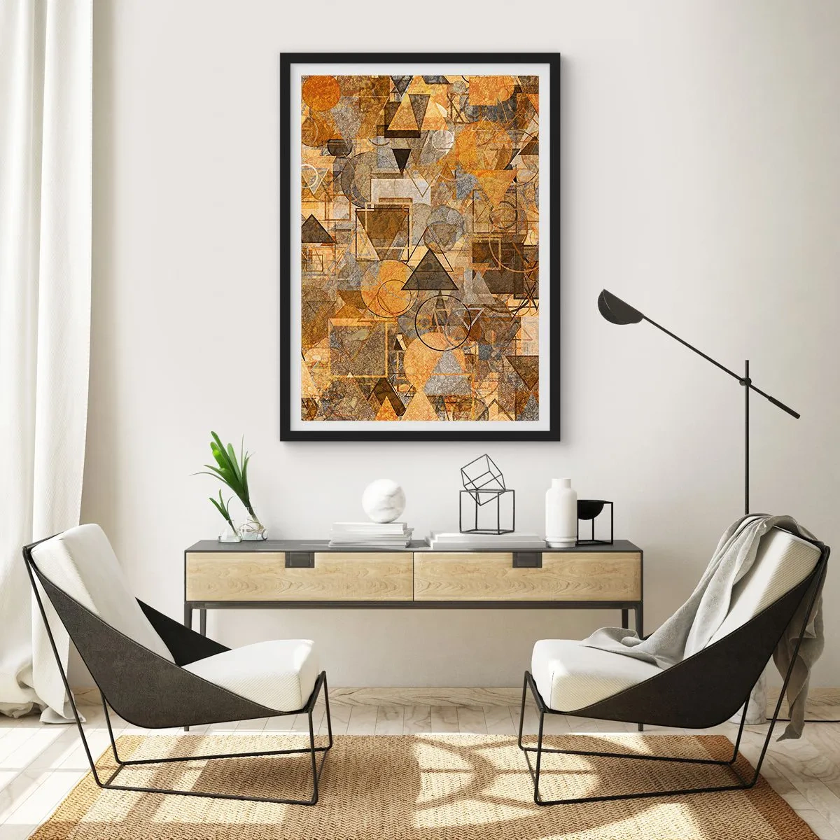 Poster in cornice nera - Composizione geometrica astratta dorata - 50x70cm - Il mondo compreso nella forma - Decorazione murale moderna per soggiorno e camera da letto ARTTOR
