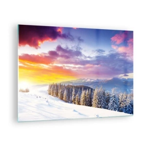 Quadro su vetro - Paesaggio montano invernale con alberi innevati e un cielo colorato - 70x50cm - Una bianca giornata - Decorazione murale moderna per soggiorno e camera da letto ARTTOR