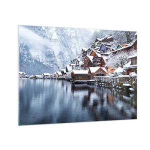 Quadro su vetro - Un villaggio di montagna in riva a un lago, ricoperto di neve in un paesaggio invernale - 70x50cm - Decorazione invernale - Decorazione murale moderna per soggiorno e camera da letto ARTTOR