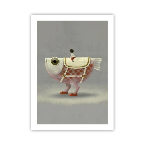 Poster - Un pesce fantasy con una sella e una figura su uno sfondo grigio - 50x70cm - Il cavaliere del pesce - Decorazione murale moderna per soggiorno e camera da letto ARTTOR