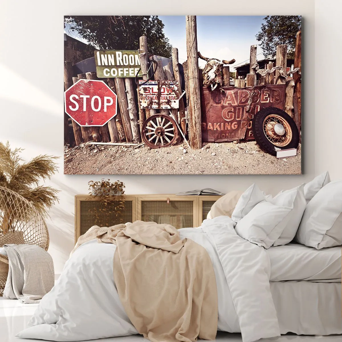 Quadro su tela - Stampe su Tela - Decorazioni rustiche con cartelli e una ruota sulla recinzione - 100x70cm - E il tempo si è fermato - Decorazione murale moderna per soggiorno e camera da letto ARTTOR