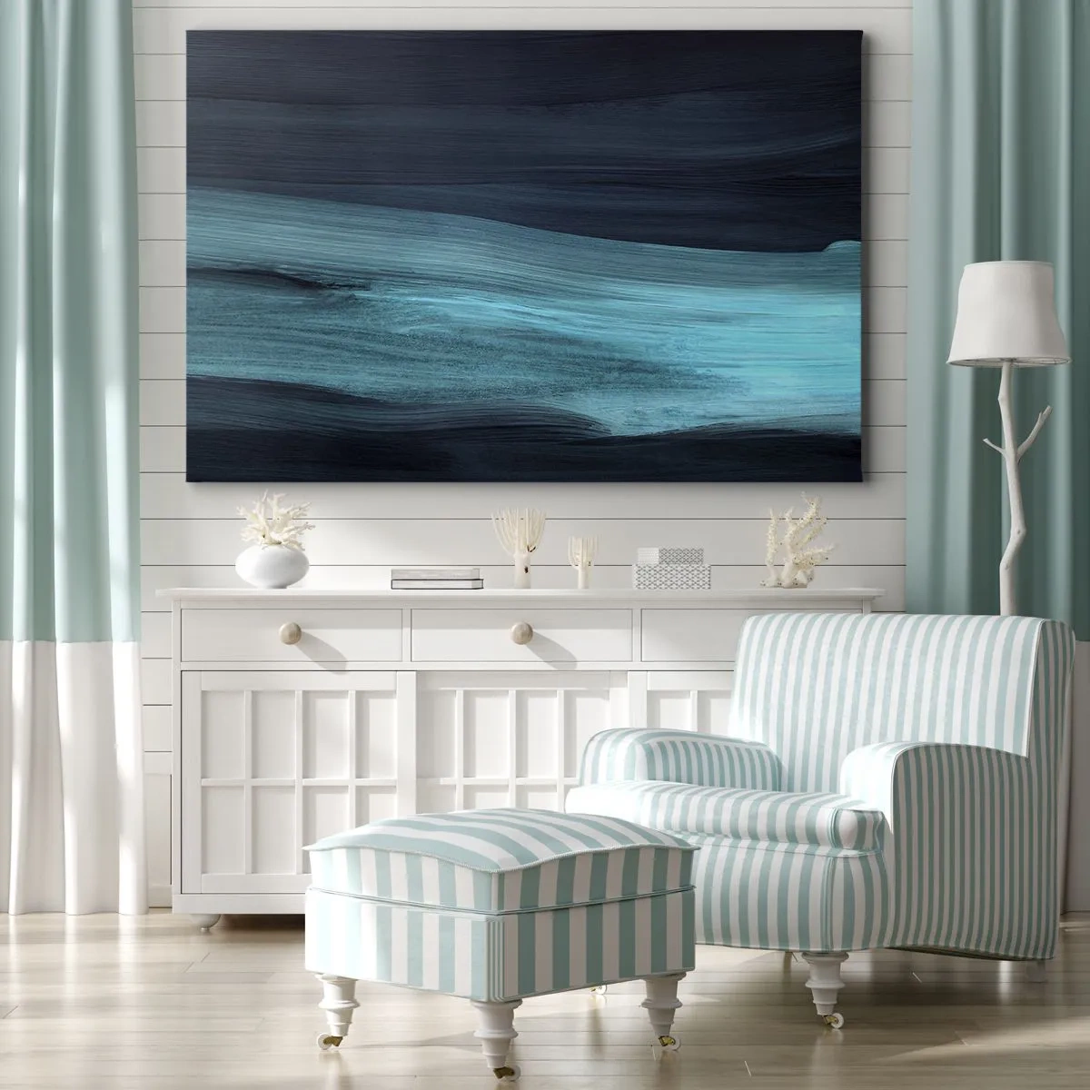 Quadro su tela - Stampe su Tela - Sottili onde astratte in tonalità scure di blu - 70x50cm - Seguendo la corrente - Decorazione murale moderna per soggiorno e camera da letto ARTTOR