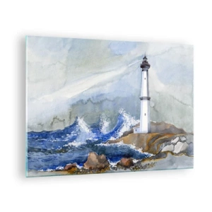 Quadro su vetro - Un faro in riva al mare in tempesta in stile acquerello - 70x50cm - Contro il buio e le burrasche - Decorazione murale moderna per soggiorno e camera da letto ARTTOR