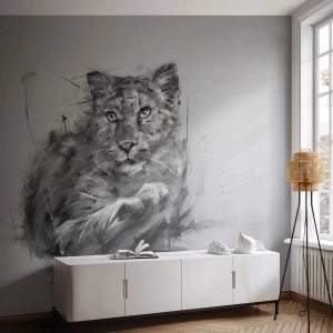 Fotomurali Premium Sand - Ritratto astratto di un gatto selvatico in tonalità di grigio - 100x70cm - Si, ascolto attentamente - Decorazione murale moderna per soggiorno e camera da letto ARTTOR