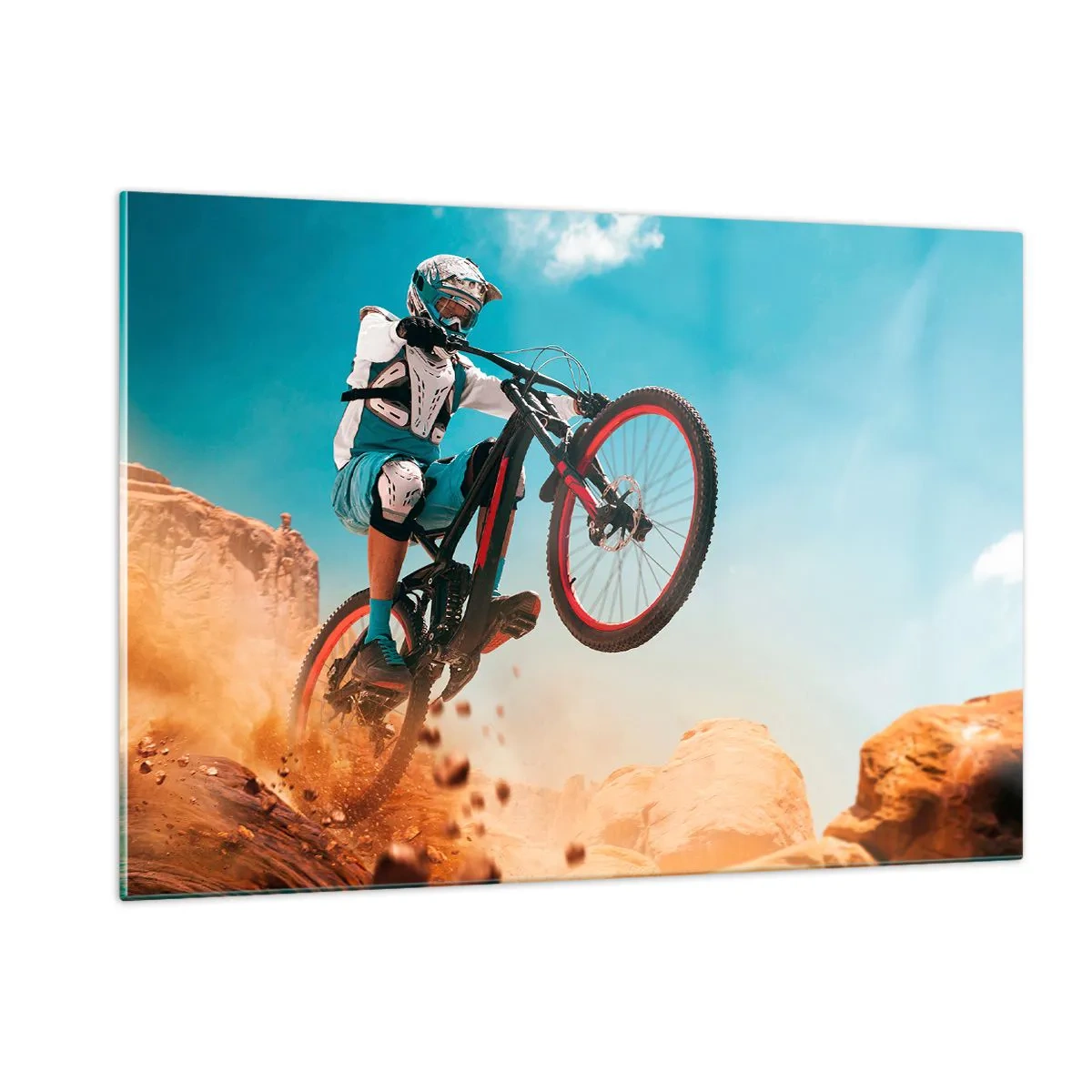 Quadro su vetro - Scena dinamica di un ciclista in azione su un terreno roccioso - 120x80cm - Il demone della follia ciclistica - Decorazione murale moderna per soggiorno e camera da letto ARTTOR