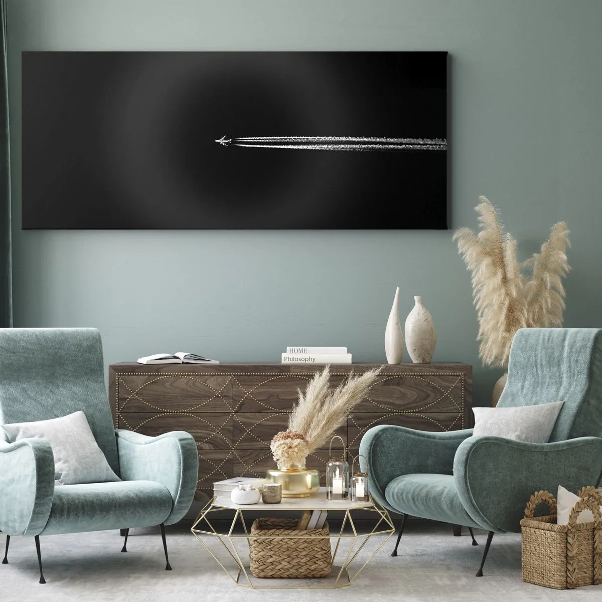 Quadro su tela - Stampe su Tela - Un aereo a reazione con una scia di condensazione visibile su uno sfondo nero - 120x50cm - In un'altra dimensione - Decorazione murale moderna per soggiorno e camera da letto ARTTOR