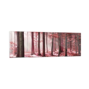 Quadro su vetro - Una splendida foresta dalle tonalità rosse con raggi di luce che penetrano attraverso gli alberi - 160x50cm - Anche rosso è bello - Decorazione murale moderna per soggiorno e camera da letto ARTTOR