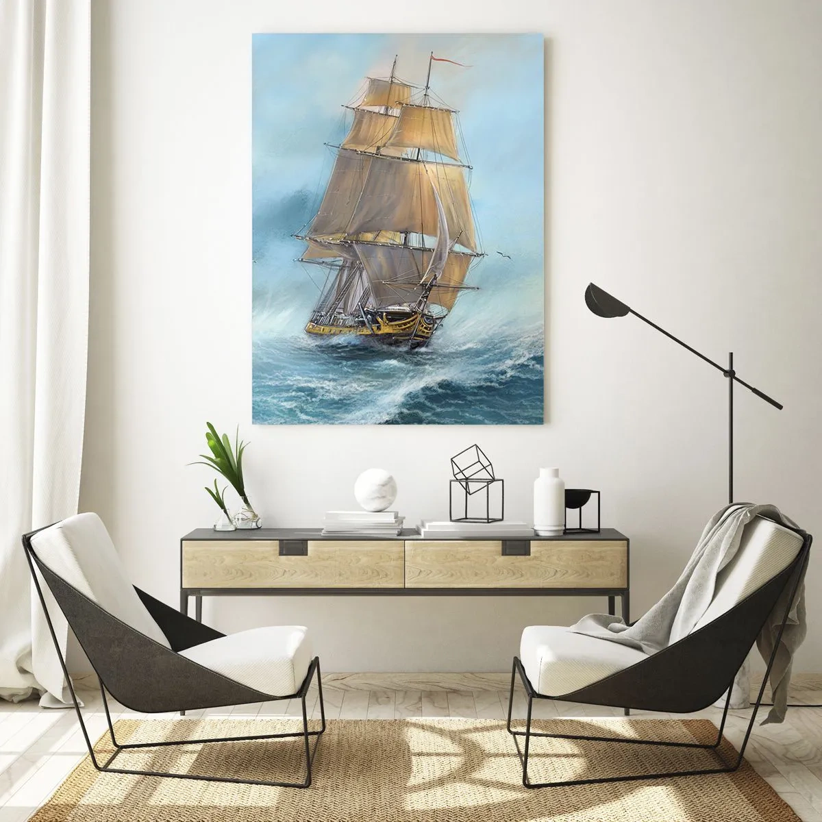 Quadro su vetro - Una nave a vela in un mare in tempesta in stile pittorico - 50x70cm - Frangendo i flutti - Decorazione murale moderna per soggiorno e camera da letto ARTTOR