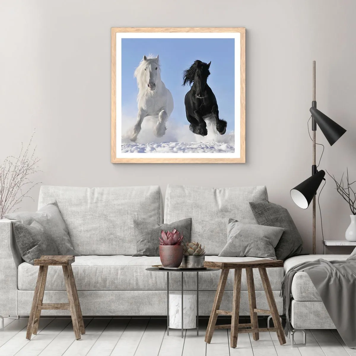 Poster in cornice rovere chiaro - Galoppo in bianco e nero - 30x30 cm