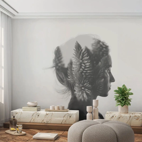 Fotomurali Premium Sand - Doppia esposizione di una donna e piante in bianco e nero - 100x70cm - La signora della pineta - Decorazione murale moderna per soggiorno e camera da letto ARTTOR