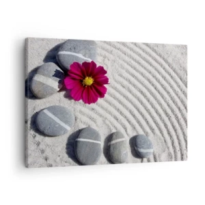 Quadro su tela - Stampe su Tela - Pietre e un fiore rosa sulla sabbia in stile zen - 70x50cm - Energia e pace nel cerchio magico della natura - Decorazione murale moderna per soggiorno e camera da letto ARTTOR