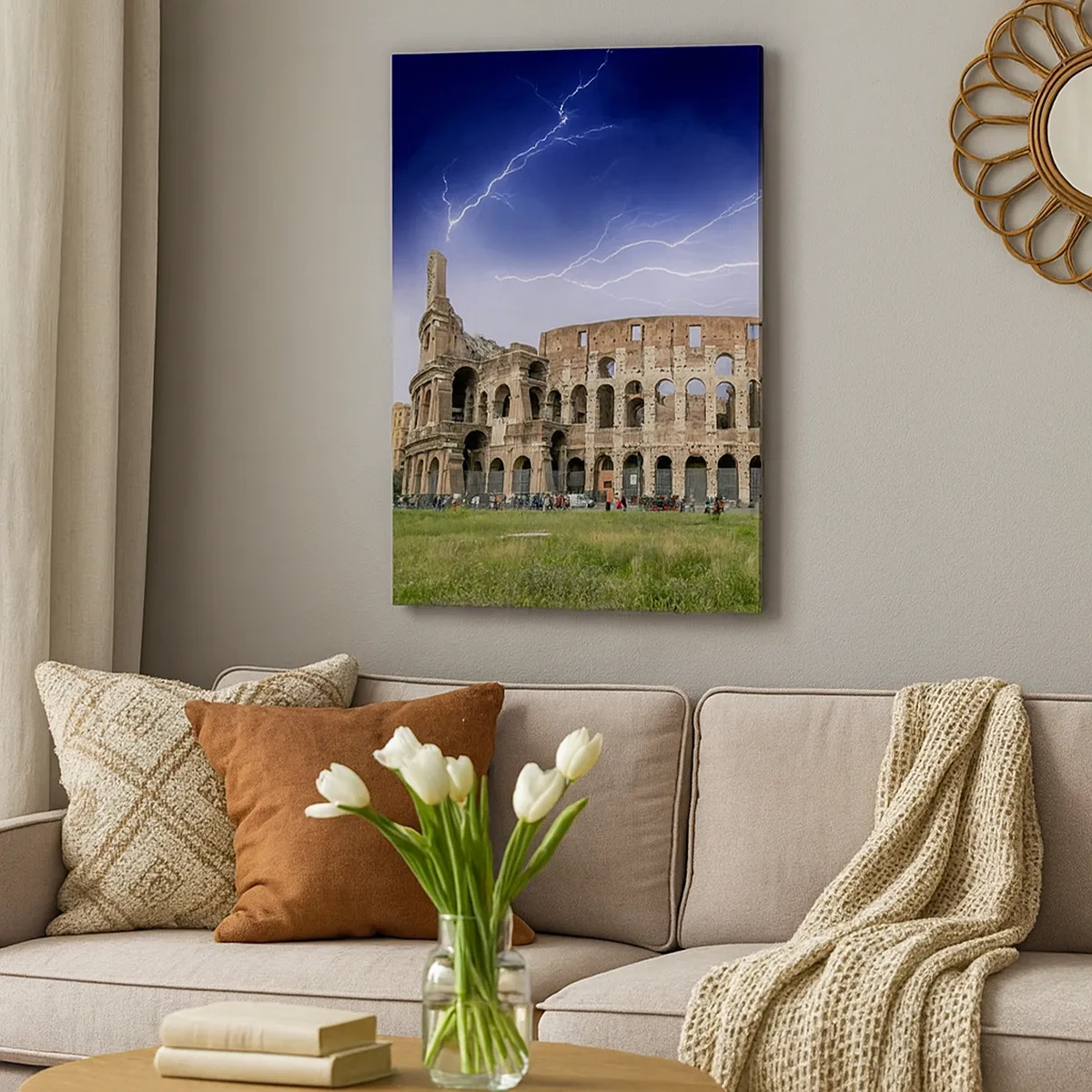 Quadro su tela - Stampe su Tela - Il Colosseo a Roma illuminato dai fulmini - 50x70cm - Arena di combattimenti - Decorazione murale moderna per soggiorno e camera da letto ARTTOR