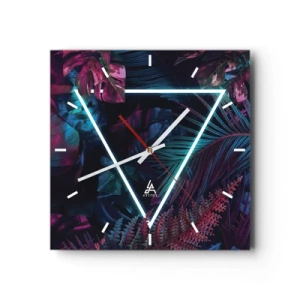 Orologio da parete - Orologio in Vetro - Un triangolo al neon circondato da foglie tropicali dai colori scuri. - 30x30cm - Giardino in stile discoteca - Decorazione murale moderna per soggiorno e camera da letto ARTTOR