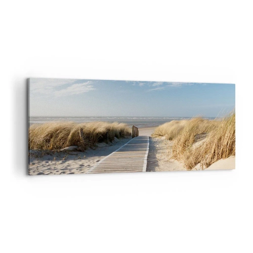 Quadro su tela - Stampe su Tela - Un sentiero di legno conduce attraverso le dune fino al mare calmo - 120x50cm - Dopo la duna, nel fruscio dell'erba - Decorazione murale moderna per soggiorno e camera da letto ARTTOR