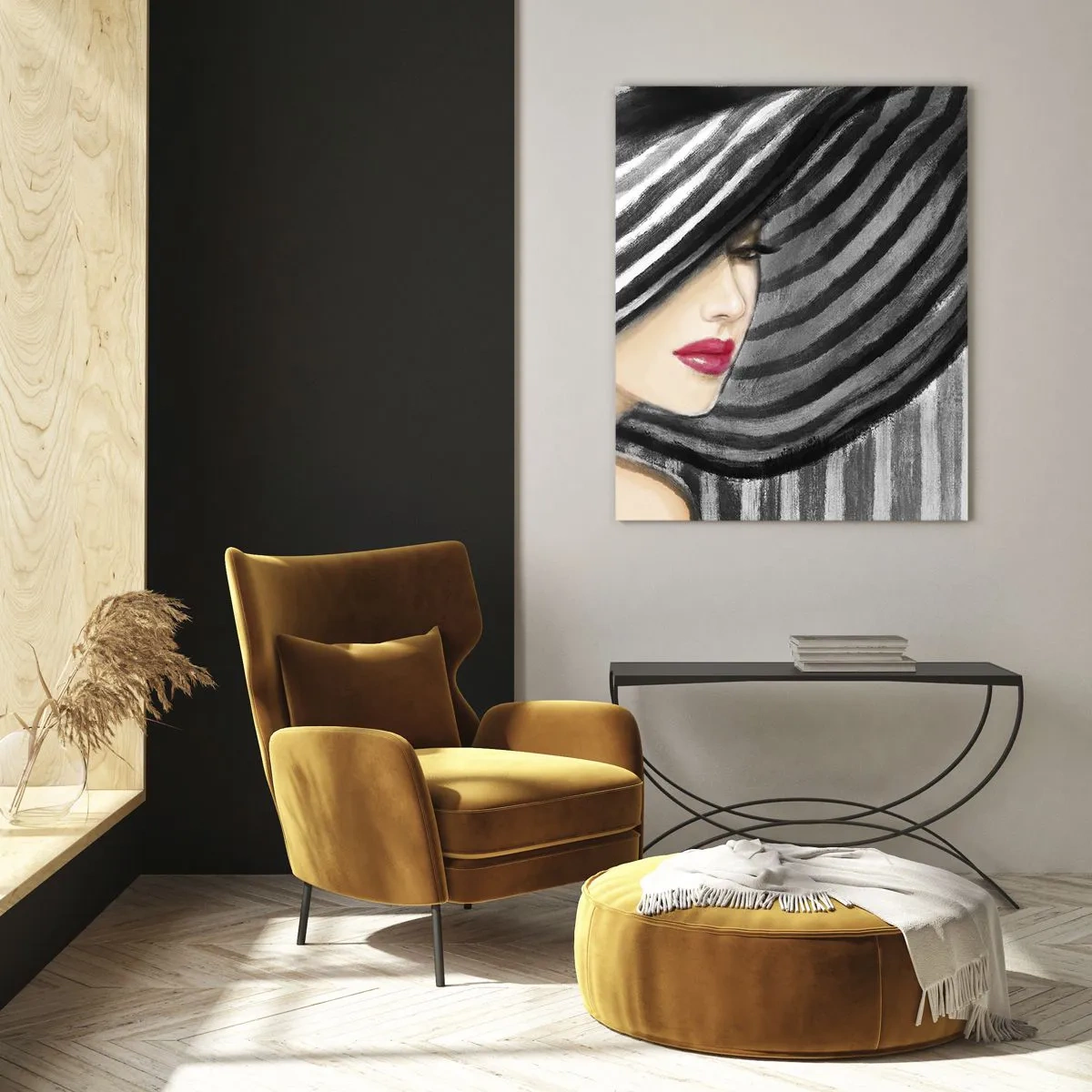 Quadro su vetro - Donna elegante con un cappello a righe bianche e nere - 50x70cm - Dove trovarti? - Decorazione murale moderna per soggiorno e camera da letto ARTTOR