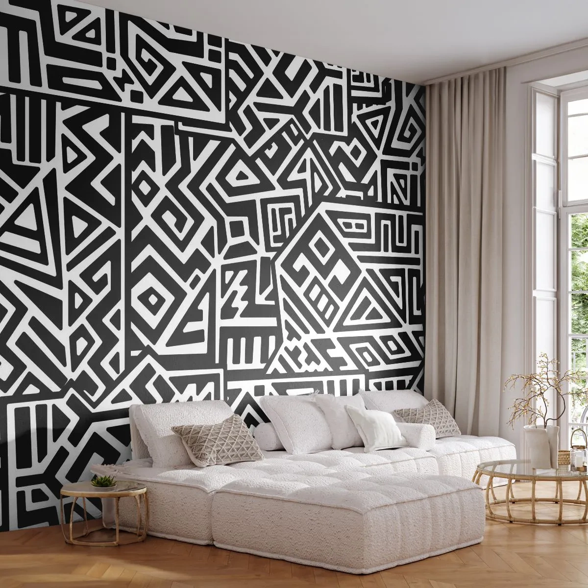 Fotomurali Autoadesivo Deluxe Sticker - Composizione precolombiana - Astrazione, Pezzo, Bianco e nero - 250x175 cm