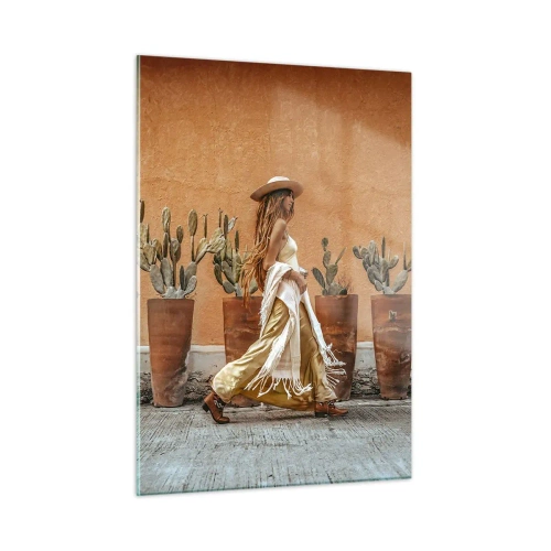 Quadro su vetro - Una donna in stile boho che cammina tra vasi di cactus. - 50x70cm - In stile hippy - Decorazione murale moderna per soggiorno e camera da letto ARTTOR
