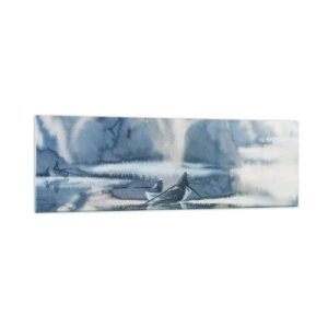 Quadro su vetro - Paesaggio ad acquerello con barche su un lago circondato da una foresta nebbiosa - 160x50cm - I pescatori nel loro paradiso - Decorazione murale moderna per soggiorno e camera da letto ARTTOR