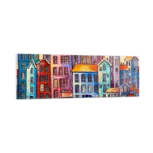 Quadro su vetro - Case popolari colorate in riva all'acqua in stile artistico - 160x50cm - Una città da favola - Decorazione murale moderna per soggiorno e camera da letto ARTTOR