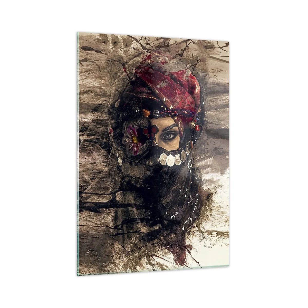 Quadro su vetro - Ritratto di una donna misteriosa con un turbante rosso - 50x70cm - Quantomeno inquietante - Decorazione murale moderna per soggiorno e camera da letto ARTTOR
