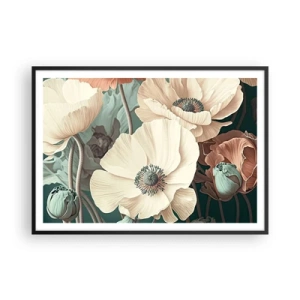Poster in cornice nera - Eleganti fiori in tonalità pastello su sfondo verde - 100x70cm - Il sussurro dei papaveri - Decorazione murale moderna per soggiorno e camera da letto ARTTOR