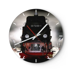 Orologio da parete - Orologio in Vetro - Una locomotiva a vapore in stile retrò circondata dalla nebbia - 30x30cm - Ansima, sbuffa e soffia - Decorazione murale moderna per soggiorno, cucina e camera da letto ARTTOR