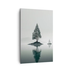 Quadro su tela - Stampe su Tela - Un paesaggio minimalista con un albero su un'isola e una barca a vela. - 80x120cm - Paesaggio onirico - Decorazione murale moderna per soggiorno e camera da letto ARTTOR