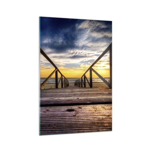 Quadro su vetro - Molo di legno che conduce alla spiaggia al tramonto - 70x100cm - Verso la spiaggia silenziosa al tramonto - Decorazione murale moderna per soggiorno e camera da letto ARTTOR