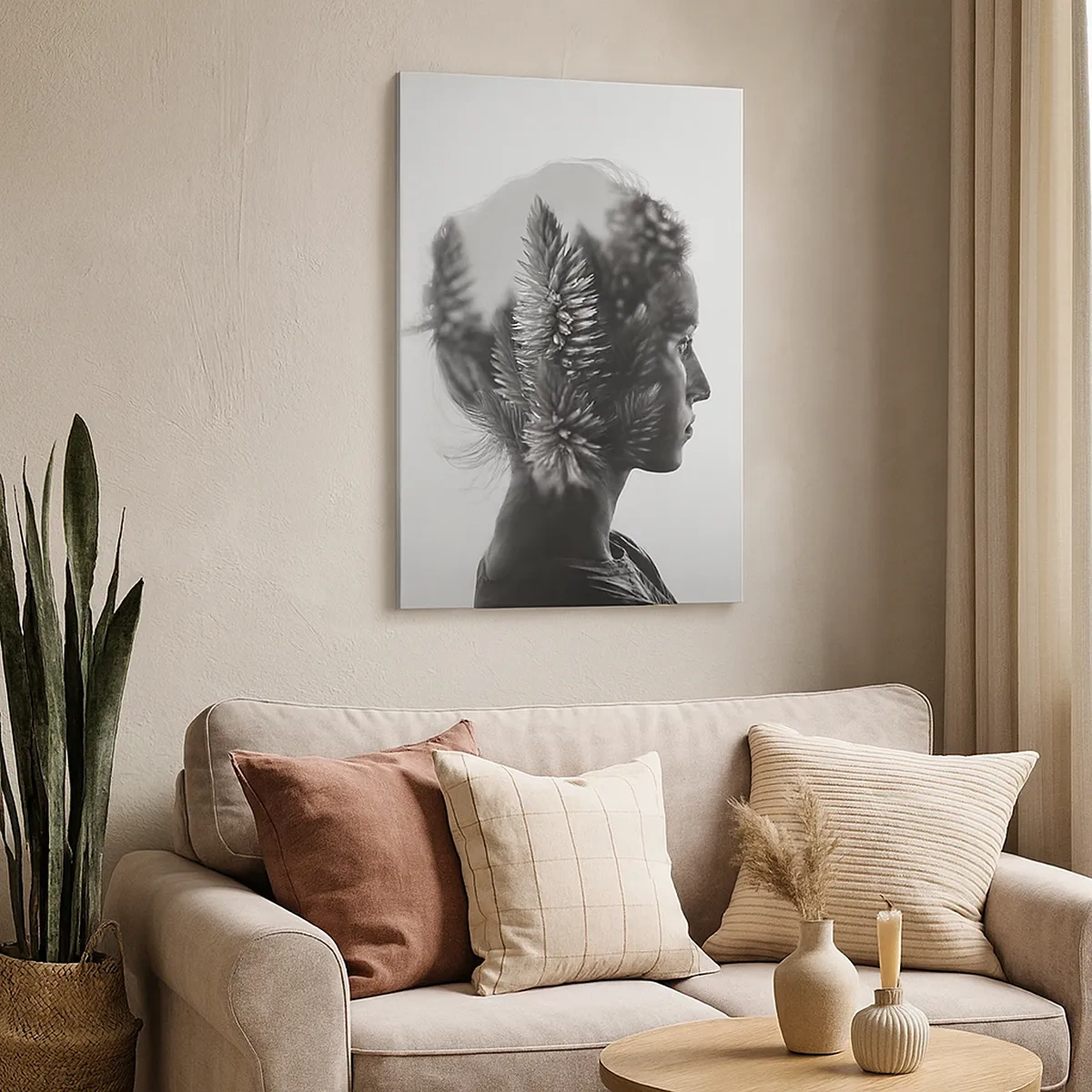 Quadro su tela - Stampe su Tela - Foglie tropicali su sfondo geometrico - 50x70cm - Composizione simmetrica con la natura - Decorazione murale moderna per soggiorno e camera da letto ARTTOR