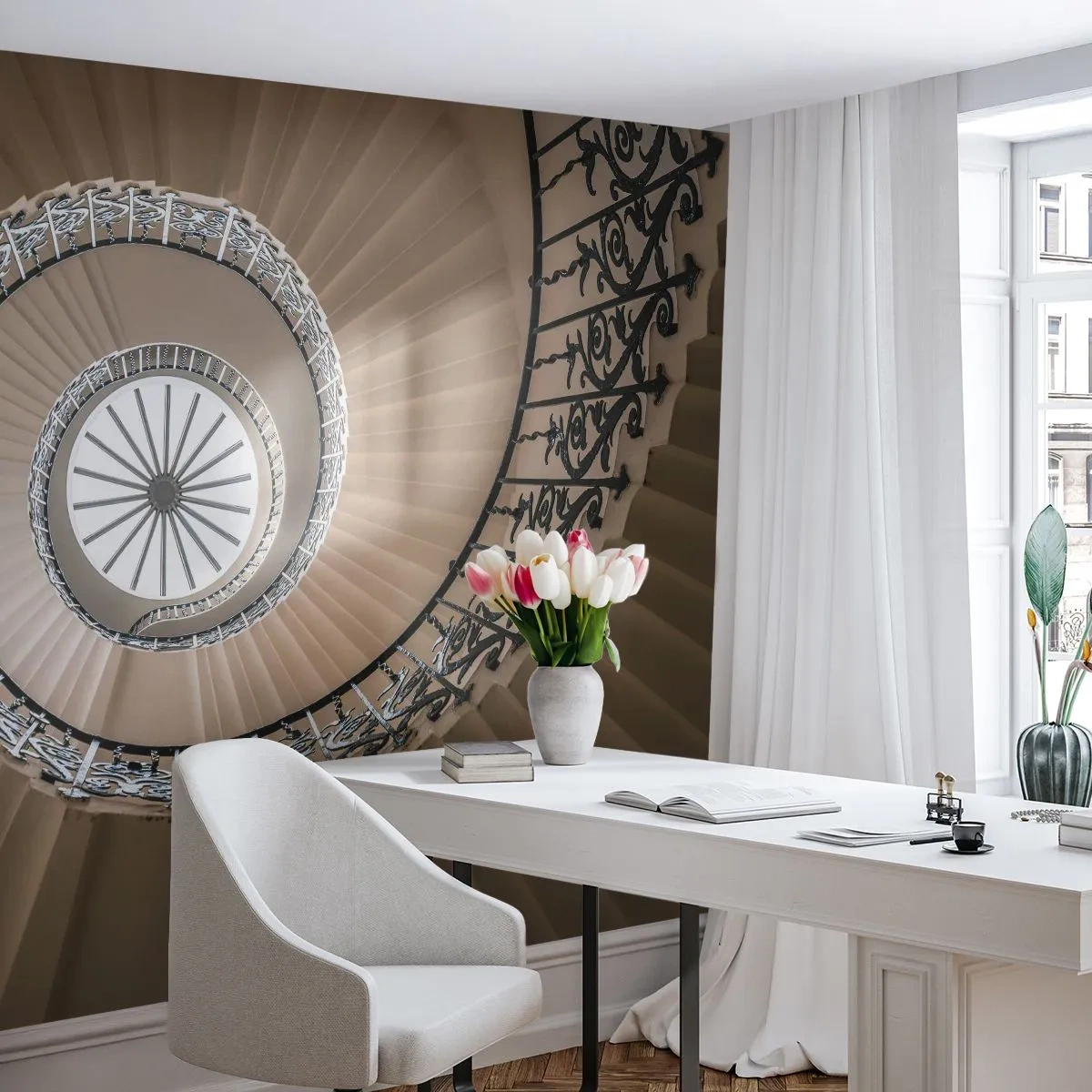 Fotomurali Premium Sand - Scala a chiocciola con balaustra in ferro battuto in stile classico - 100x70cm - Al centro della chiocciola - Decorazione murale moderna per soggiorno e camera da letto ARTTOR