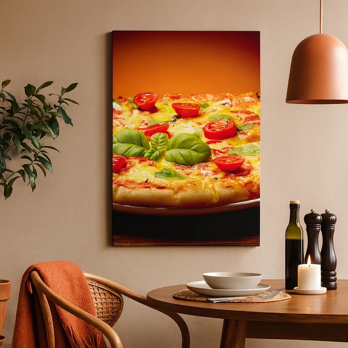 Quadro su tela - Stampe su Tela - Pizza con pomodori e basilico su un tavolo di legno - 50x70cm - Mamma mia! - Decorazione murale moderna per soggiorno e camera da letto ARTTOR