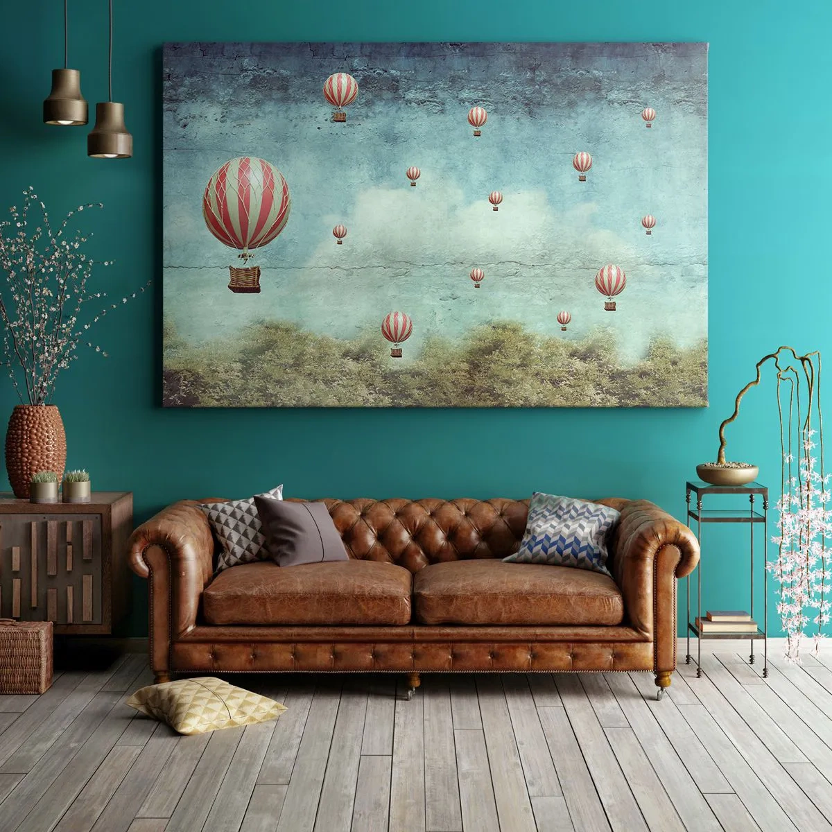 Quadro su tela - Stampe su Tela - Palloncini retrò su uno sfondo di cielo blu e verde - 70x50cm - Liberi dal tumulto della vita - Decorazione murale moderna per soggiorno e camera da letto ARTTOR