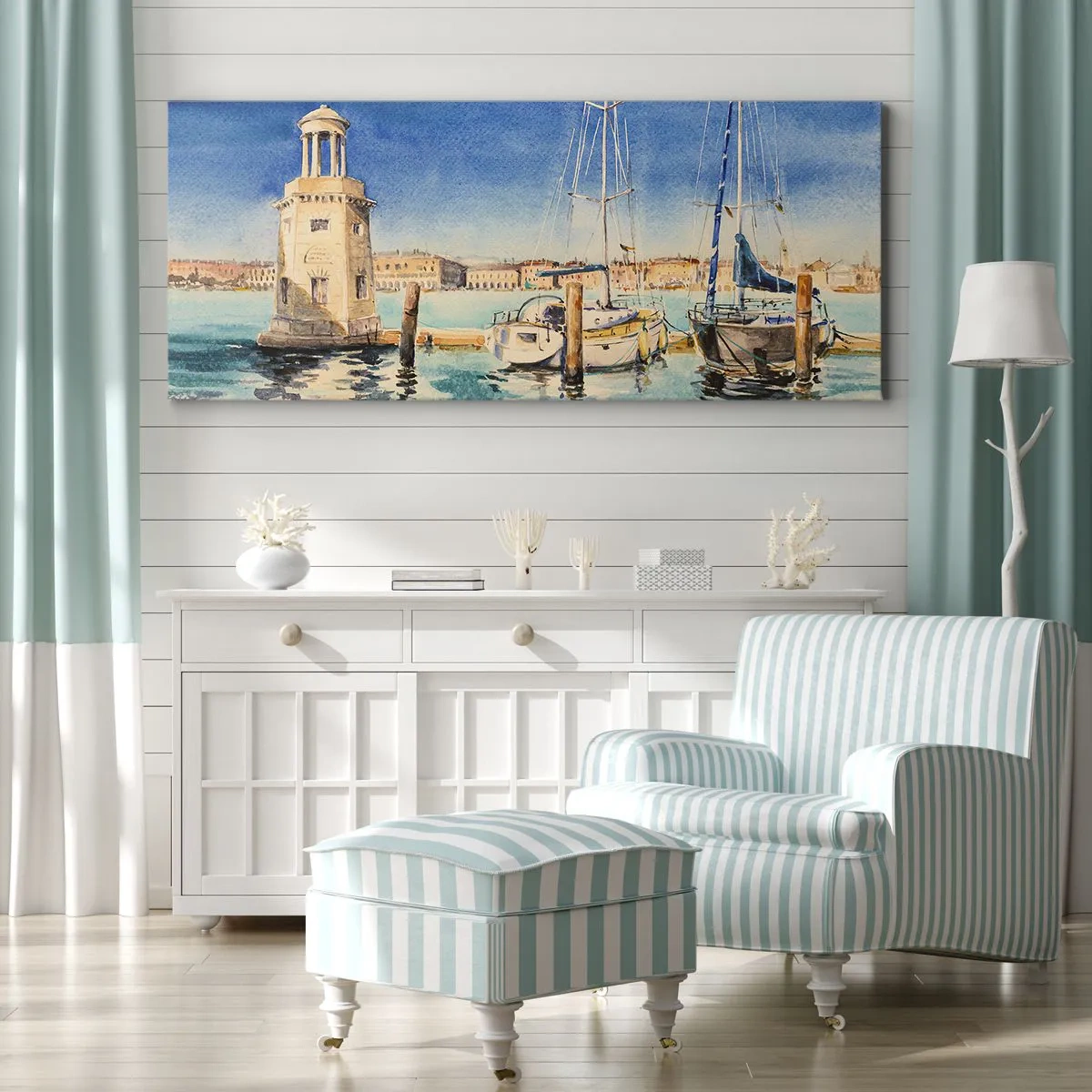 Quadro su tela - Stampe su Tela - Marina con barche sullo sfondo di una laguna blu - 120x50cm - La laguna assolata - Decorazione murale moderna per soggiorno e camera da letto ARTTOR