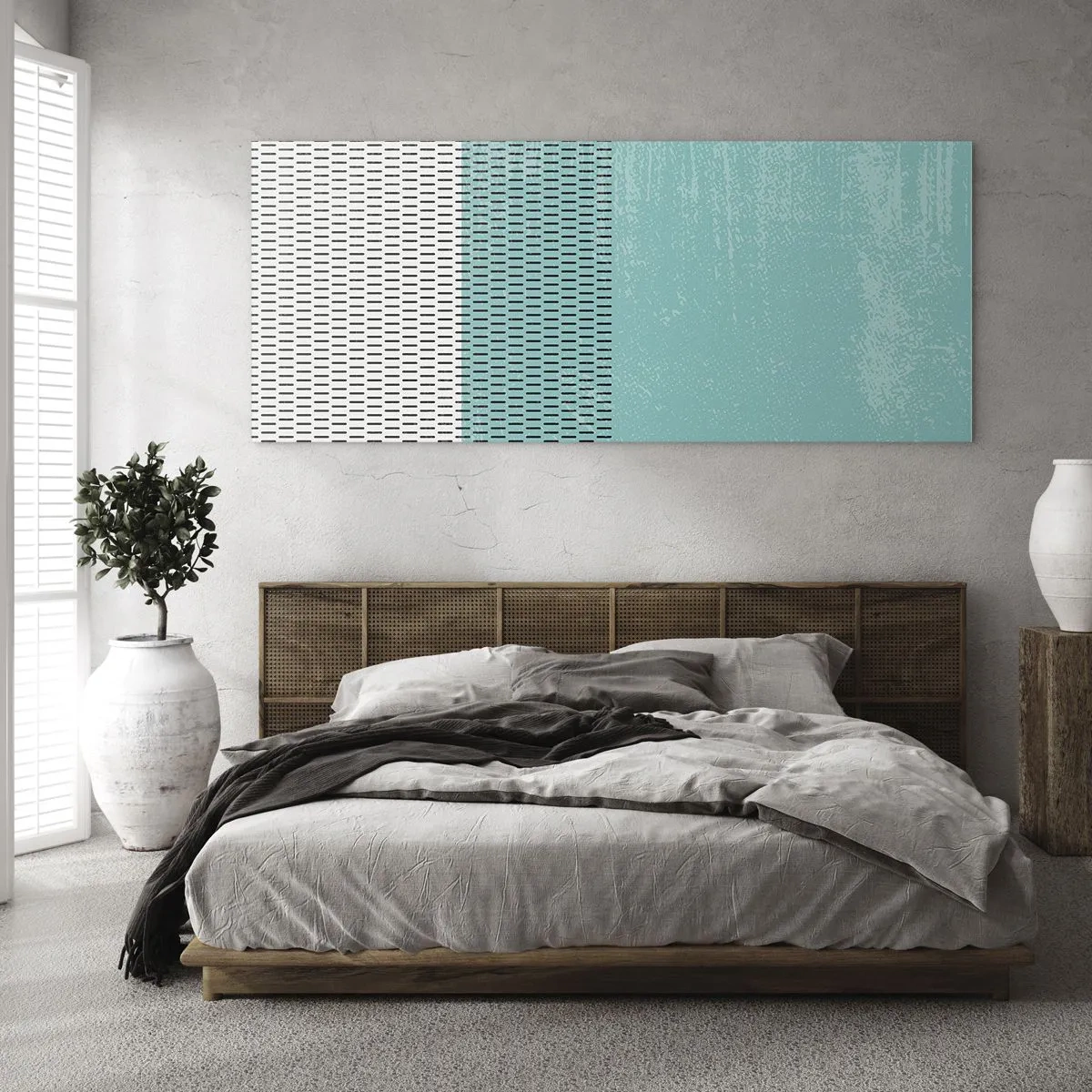 Quadro su vetro - Composizione geometrica con turchese e linee - 120x50cm - Composizione equilibrata - Decorazione murale moderna per soggiorno e camera da letto ARTTOR