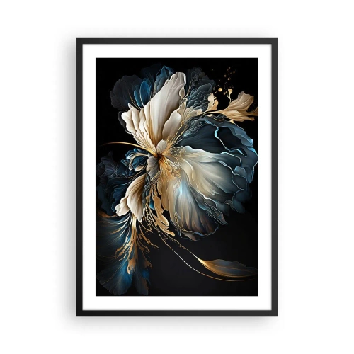 Poster in cornice nera - Un'elegante composizione floreale astratta in oro e blu navy. - 50x70cm - Fantastico fiore di felce - Decorazione murale moderna per soggiorno e camera da letto ARTTOR