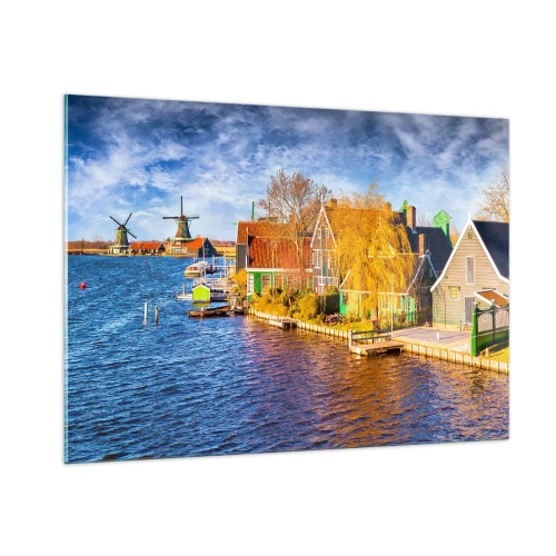 Quadro su vetro - Pittoresche case olandesi sul lungomare con mulini a vento - 100x70cm - Da secoli immutabile - Decorazione murale moderna per soggiorno e camera da letto ARTTOR