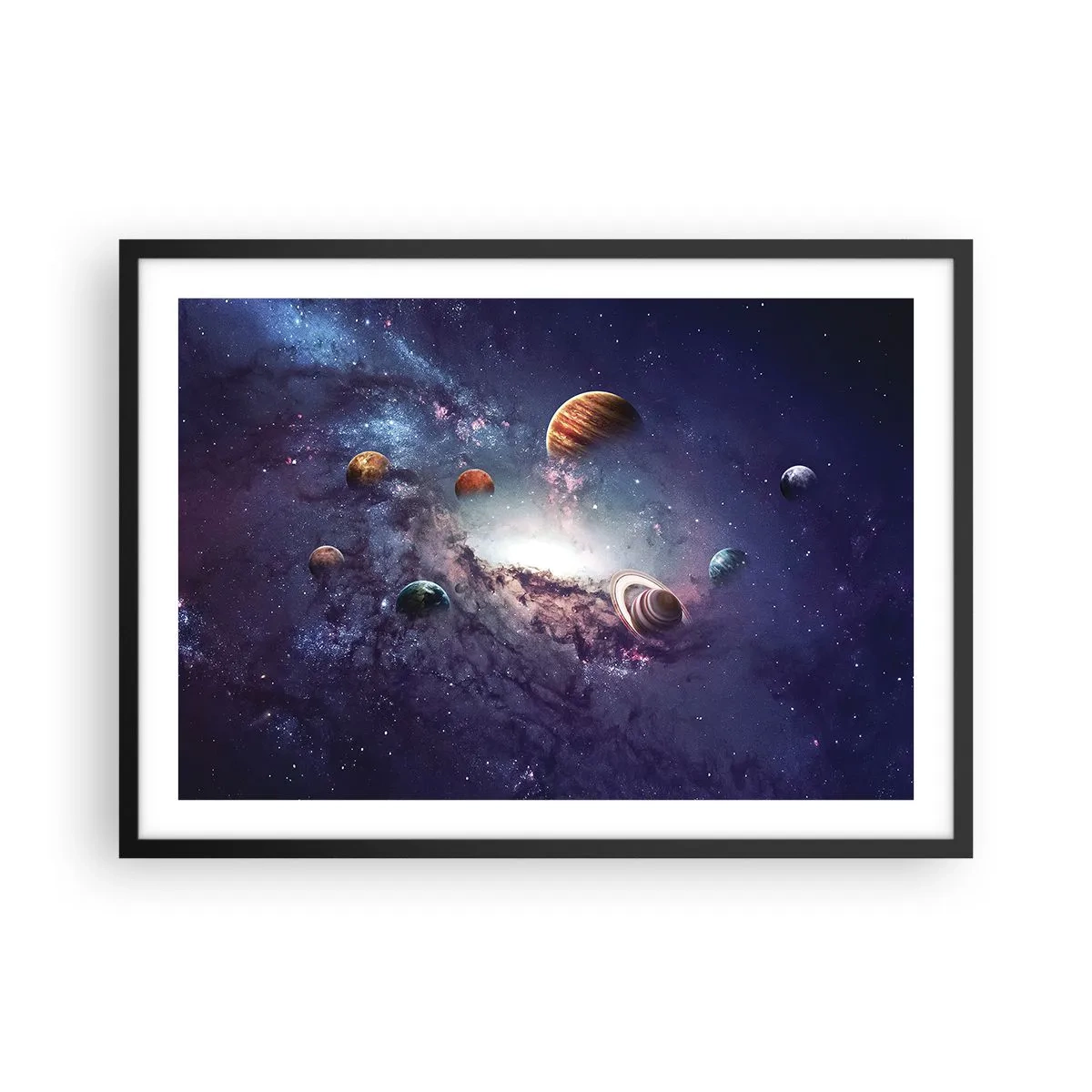 Poster in cornice nera - Pianeti in una galassia con una nebulosa sullo sfondo - 70x50cm - Sistema solare danzante - Decorazione murale moderna per soggiorno e camera da letto ARTTOR