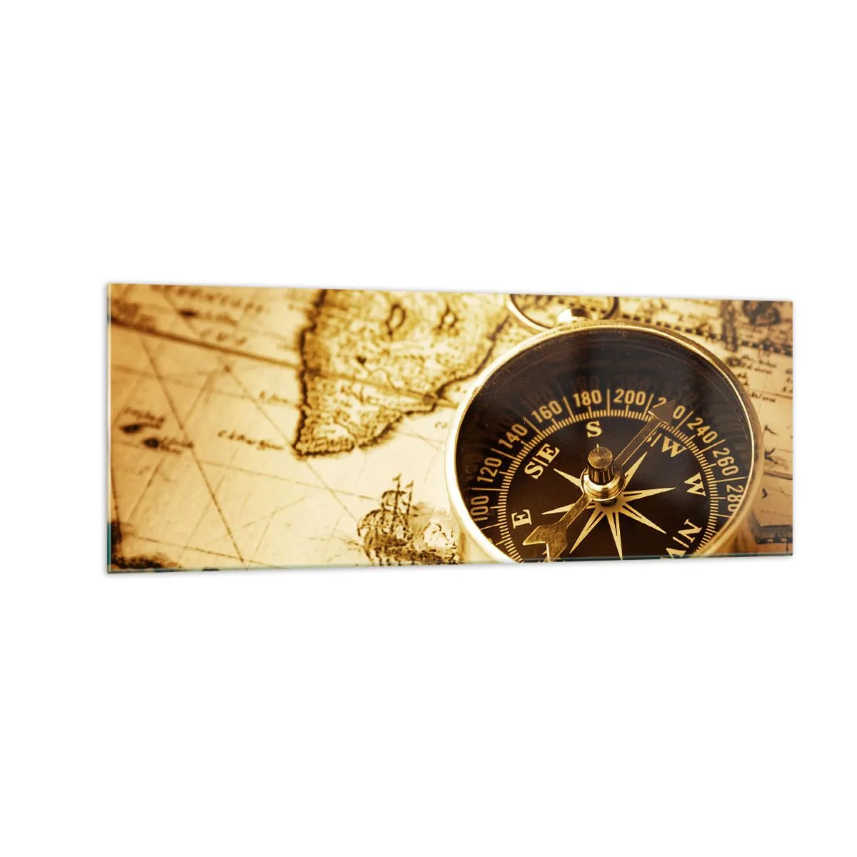 Quadro su vetro - Una bussola antica sullo sfondo di una vecchia mappa del mondo - 140x50cm - A est o a ovest? - Decorazione murale moderna per soggiorno e camera da letto ARTTOR