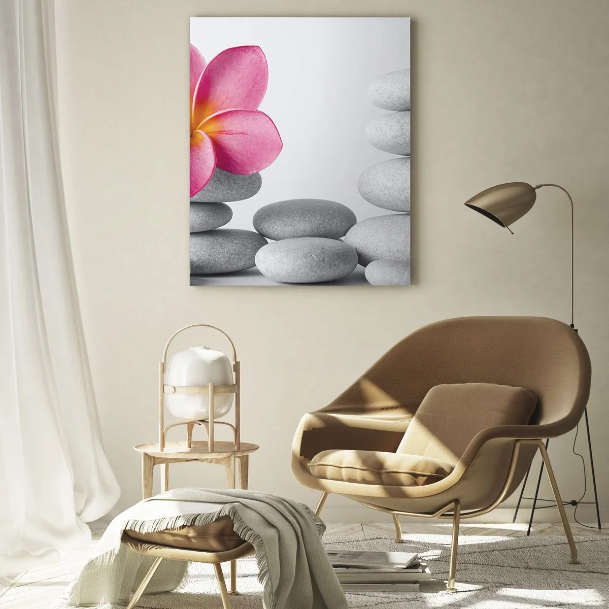 Quadro su vetro - Fiore rosa su pietre in stile zen - 80x120cm - Pietra su pietra, e su questa pietra... - Decorazione murale moderna per soggiorno e camera da letto ARTTOR