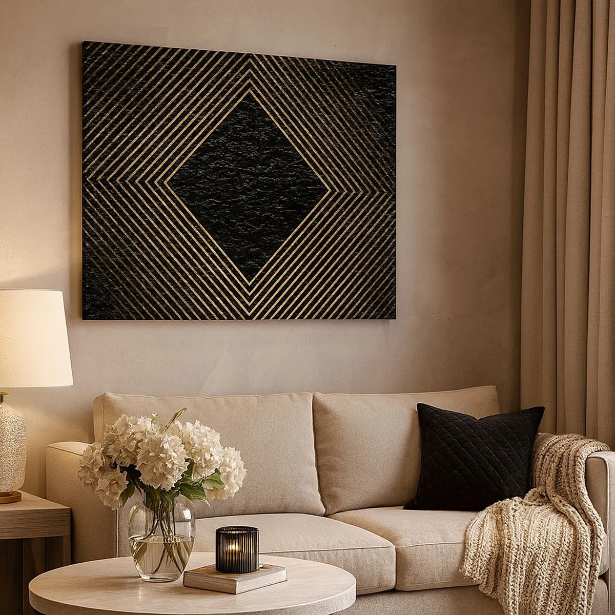 Quadro su tela - Stampe su Tela - Sfondo nero con motivo geometrico di linee dorate - 70x50cm - Geometria in stile glamour - Decorazione murale moderna per soggiorno e camera da letto ARTTOR
