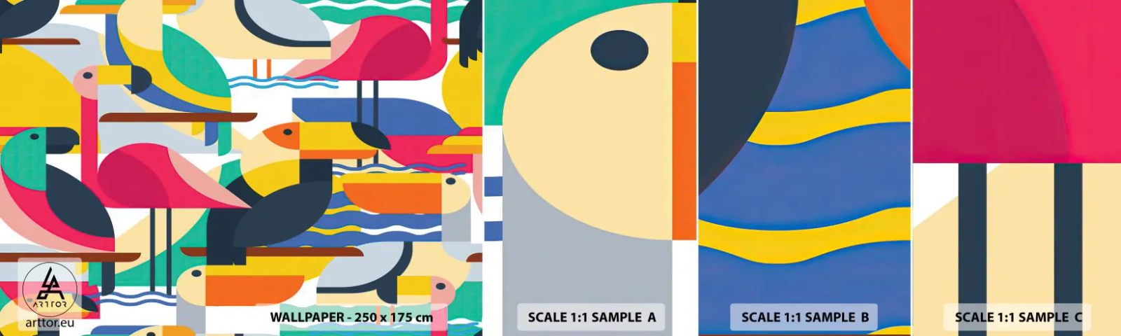 Campione Di Fotomurale Standard Eco - La festa degli uccelli - Astrazione, Pellicano, Pezzo - 100x30 cm