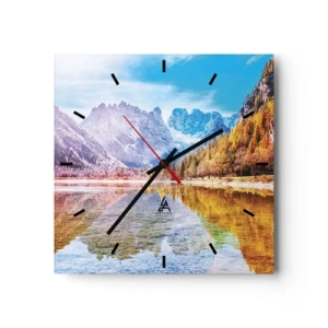 Orologio da parete - Orologio in Vetro - Paesaggio montano autunnale con lago - 30x30cm - E nei monti è già autunno - Decorazione murale moderna per soggiorno e camera da letto ARTTOR
