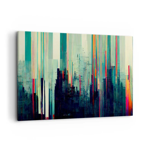 Quadro su tela - Stampe su Tela - Astrazione con linee verticali e skyline della città - 100x70cm - Città futuristica - Decorazione murale moderna per soggiorno e camera da letto ARTTOR