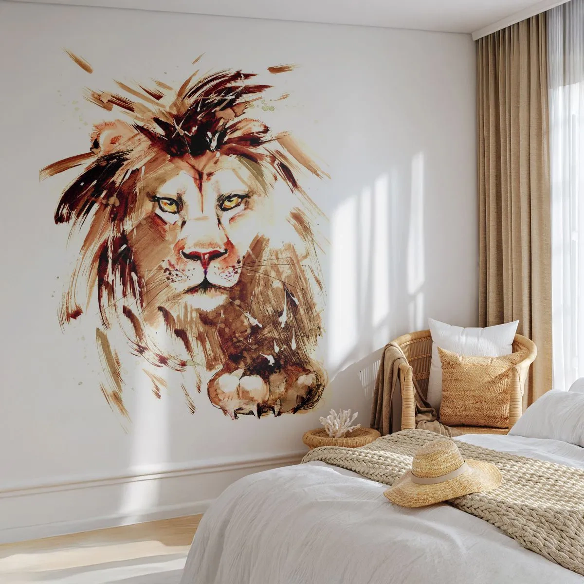 Fotomurali Premium Sand - Ritratto ad acquerello di un maestoso leone - 100x70cm - Forza e dignità - Decorazione murale moderna per soggiorno e camera da letto ARTTOR