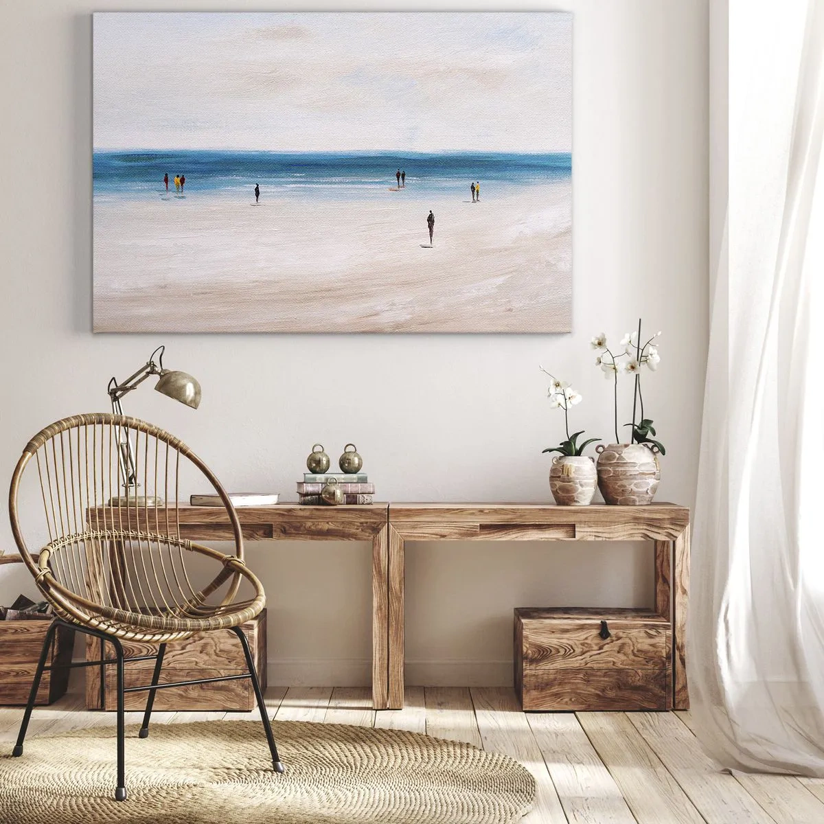 Quadro su tela - Stampe su Tela - Una spiaggia con persone sullo sfondo di un mare calmo - 70x50cm - Un bisogno naturale - Decorazione murale moderna per soggiorno e camera da letto ARTTOR