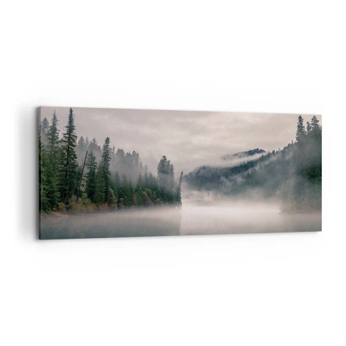 Quadro su tela - Stampe su Tela - Una foresta nebbiosa riflessa in un lago calmo - 120x50cm - Riflettendo nella nebbia - Decorazione murale moderna per soggiorno e camera da letto ARTTOR