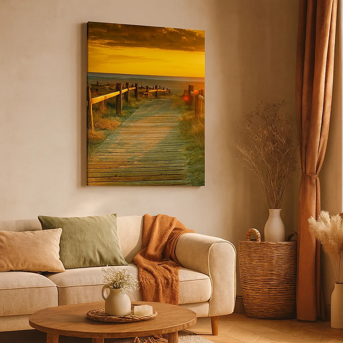 Quadro su tela - Stampe su Tela - Un sentiero in legno che conduce alla spiaggia al chiarore del sole al tramonto - 50x70cm - Immerse nell'oro vecchio - Decorazione murale moderna per soggiorno e camera da letto ARTTOR