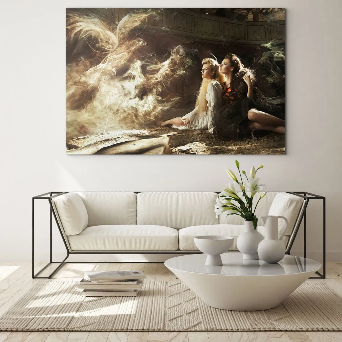 Quadro su vetro - Due donne con una fenice ardente in un ambiente magico - 100x70cm - Ed è diventata poesia - Decorazione murale moderna per soggiorno e camera da letto ARTTOR