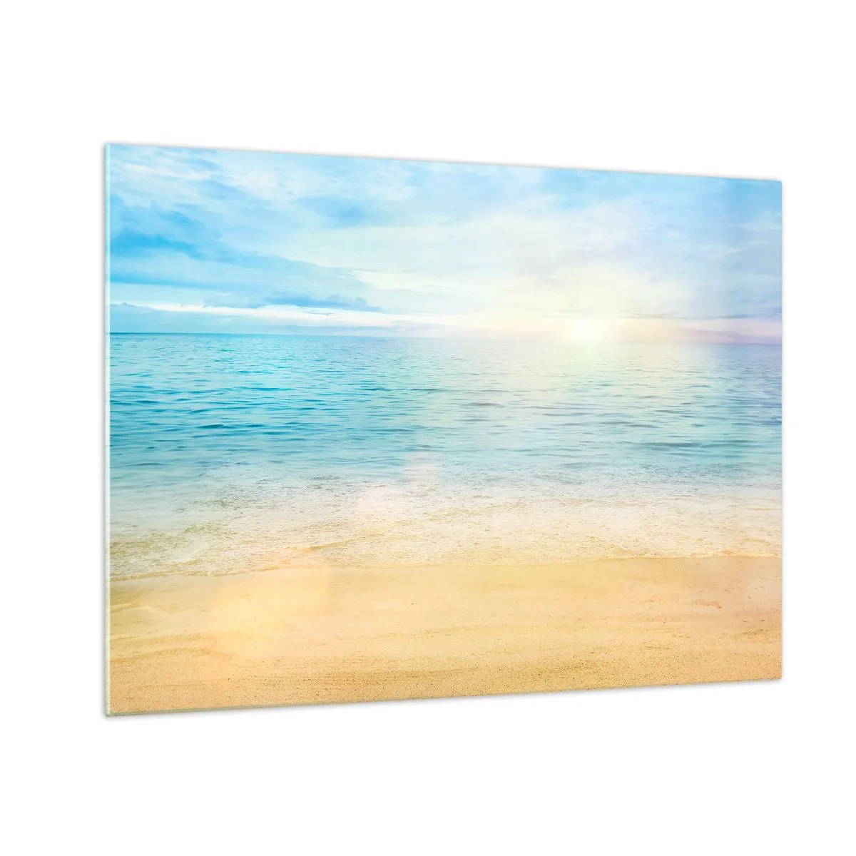 Quadro su vetro - Una spiaggia soleggiata con mare e cielo azzurri - 70x50cm - Il grande blu - Decorazione murale moderna per soggiorno e camera da letto ARTTOR